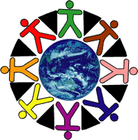 Illustrated figures holding hands around planet Earth